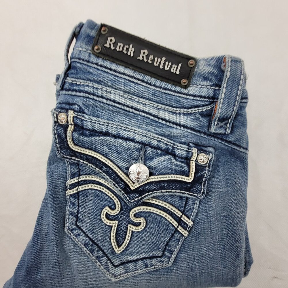 Rock Revival Jeans Women's 29 Blue Anja Boot 30x34.25" Stretch Worn Hems - Picture 16 of 16